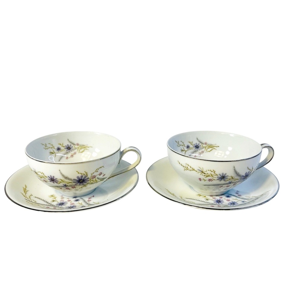 Vtg HIRA‎ China Fontaine Flat Teacup & Saucers Set Of 2 Purple White Cup